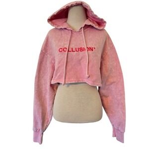 Collusion X Pink Acid Wash Cropped Hoodie Sweatshirt Logo Graphic size 4 small
